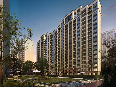 Modern High Rise Residential Building With Green Courtyard And Landscaped Trees 3d model