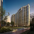 Modern High Rise Residential Building With Green Courtyard And Landscaped Trees