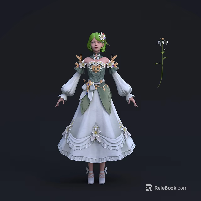 Game and Movie Character With Green Hair Flower Decorations And White Green Dress 3d model 