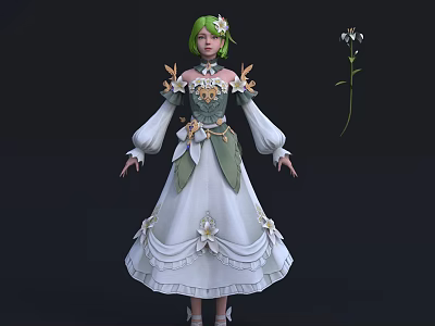Game and Movie Character With Green Hair Flower Decorations And White Green Dress 3d model