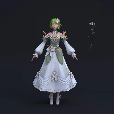 Game and Movie Character With Green Hair Flower Decorations And White Green Dress 3d model