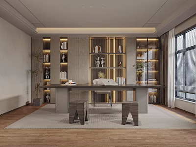 Modern Study Room With Illuminated Bookshelves Spacious Desk And Large Window 3d model