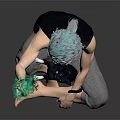 Game Movie Character With Blue Gray Hair Holding Green Glowing Object Sitting Barefoot