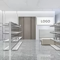 Modern Retail Store Interior Featuring White Walls Display Racks Reception Counter Marble Floor And Bench