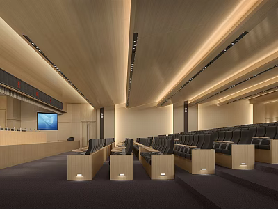 Modern Conference Room Interior With Wooden Ceiling Arranged Seats And Projection Screen 3d model
