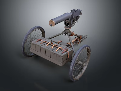 Vintage Military Wheeled Weapon Mounted With Ammunition Box And Metal Frame 3d model