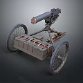 Vintage Military Wheeled Weapon Mounted With Ammunition Box And Metal Frame