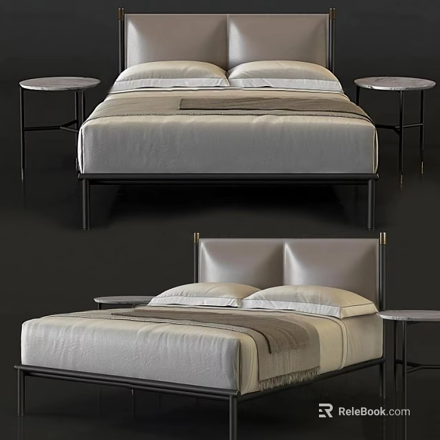Modern Double Bed With Leather Headboard Metal Frame And Side Nightstands 3d model