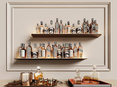 Wine Bottles And Glassware On Shelves Tabletop With Decorative Wall 3d model