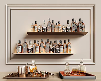 Wine Bottles And Glassware On Shelves Tabletop With Decorative Wall 3d model