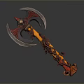 Decorative Battle Axe With Red Orange Handle Shiny Metal Blade And Intricate Carvings