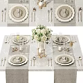 Elegant Tableware Set on Dining Table Gray Linen Runner Plates Napkins Wine Glasses Floral Decor