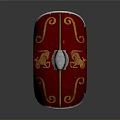 Ancient Red Shield with Gold Spiral Patterns and Lion Designs and Central Silver Metal Buckle