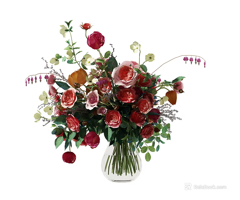 Colorful Roses And Pink Flowers In Glass Vase With Green Leaves 3d model 