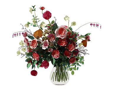 Colorful Roses And Pink Flowers In Glass Vase With Green Leaves 3d model