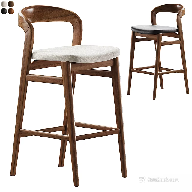 Modern Wooden Bar Stool With Curved Backrest And Upholstered Seat Design 3d model 
