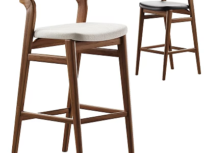Modern Wooden Bar Stool With Curved Backrest And Upholstered Seat Design 3d model