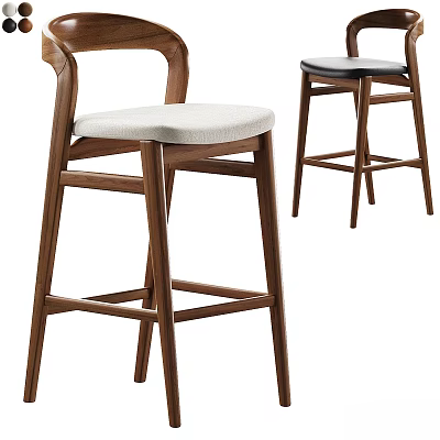 Modern Wooden Bar Stool With Curved Backrest And Upholstered Seat Design 3d model