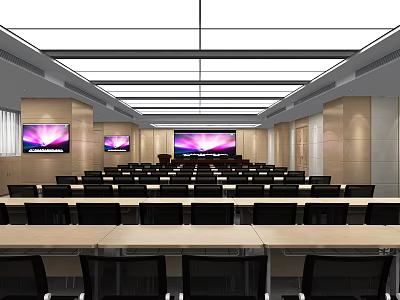 Modern Conference Room Interior With Rows Of Chairs And Multiple Screens 3d model