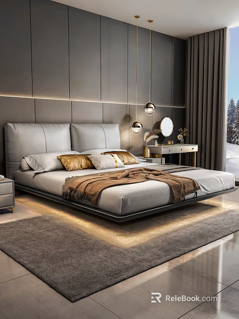 Modern Double Bed with Gray Leather Headboard and Ambient Lighting in Luxury Bedroom 3d model 