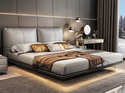 Modern Double Bed with Gray Leather Headboard and Ambient Lighting in Luxury Bedroom 3d model