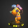 Robot Character with Blue Head Yellow Body Holding Green Orb on Black Base