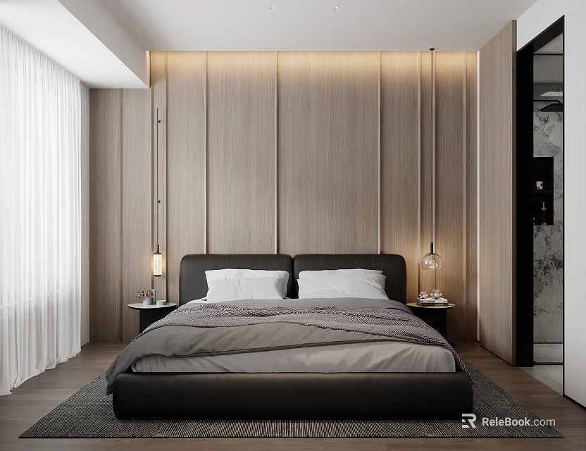 Modern Minimalist Bedroom Interior Design With Wooden Wall Panels Large Bed And Pendant Lights 3d model 