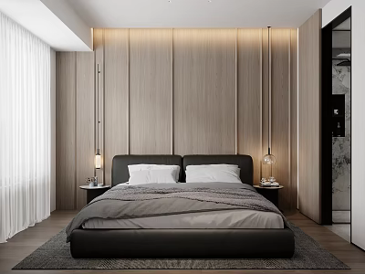 Modern Minimalist Bedroom Interior Design With Wooden Wall Panels Large Bed And Pendant Lights 3d model