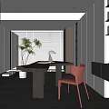 Modern Home Office Interior Design With Wooden Desk Red Chair Table Lamp And Window Blinds