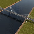Cable-stayed Bridge Spanning River With Blue Sky White Clouds And Green Grassland 3d model