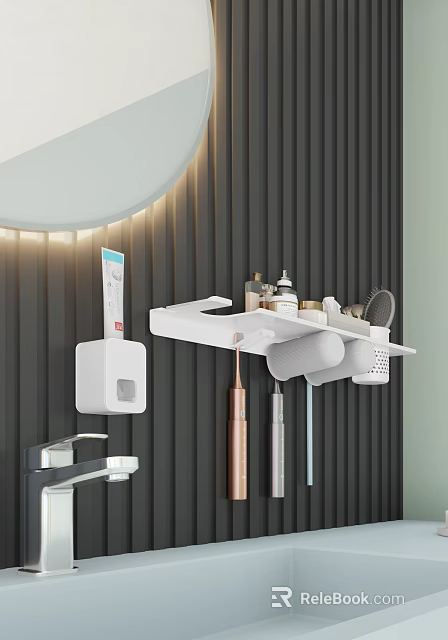 Modern Bathroom Accessories With Wall Mounted White Shelf Toothbrush Holder Electric Toothbrush Comb And Toiletries 3d model 