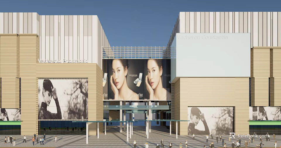 Modern Commercial Complex With Large Billboards Female Faces Glass Entrance And Pedestrians 3d model 