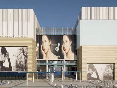 Modern Commercial Complex With Large Billboards Female Faces Glass Entrance And Pedestrians 3d model