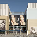 Modern Commercial Complex With Large Billboards Female Faces Glass Entrance And Pedestrians