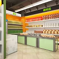 Bright Neat Supermarket Interior With Fruit Vegetable Display Shelves Beverage Coolers And Checkout Counter