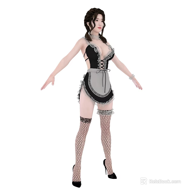 Woman in Black White Maid Outfit with Frilled Apron Fishnet Stockings High Heels and Lace 3d model 