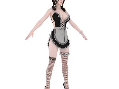 Woman in Black White Maid Outfit with Frilled Apron Fishnet Stockings High Heels and Lace 3d model