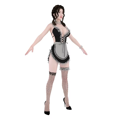 Woman in Black White Maid Outfit with Frilled Apron Fishnet Stockings High Heels and Lace 3d model