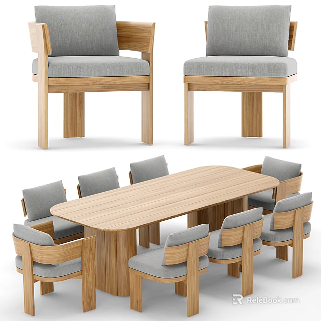 Modern Wooden Dining Table Set With Rectangular Top And Upholstered Gray Chairs 3d model