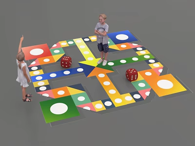 Children Playing Large Colorful Board Game With Dice And Arrows 3d model