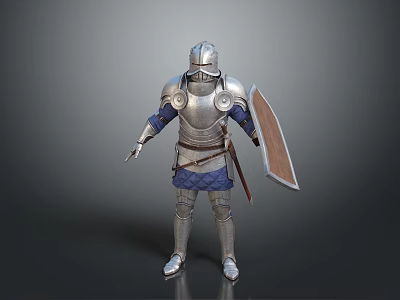 Silver Medieval Armor With Blue Clothing Shield And Sword For Decor 3d model