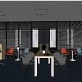 Public Office Space Interior With Large Windows Blue Carpet Wooden Table And Colorful Chairs