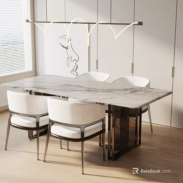 Elegant Modern Dining Table Set With Marble Top And White Chairs In Interior 3d model 