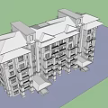 Multi Story Residential Building Architectural Sketch Design With Balconies Entrance Portico And Windows