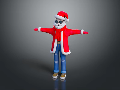 3D Character in Santa Claus Costume Red Coat White Trim Blue Jeans Sunglasses Arms Outstretched 3d model