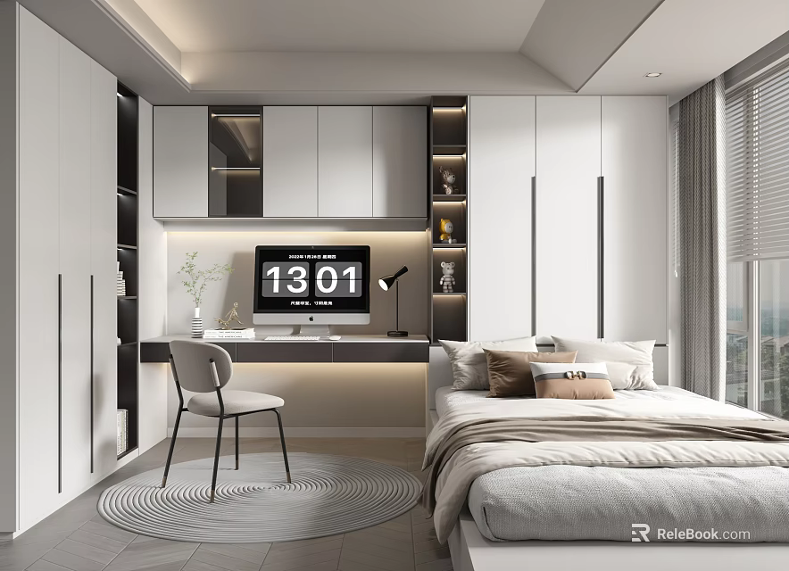 Modern Tatami Bedroom Design With Storage Cabinets Study Desk Cozy Bedding And Large Window 3d model 