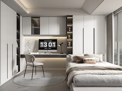 Modern Tatami Bedroom Design With Storage Cabinets Study Desk Cozy Bedding And Large Window 3d model