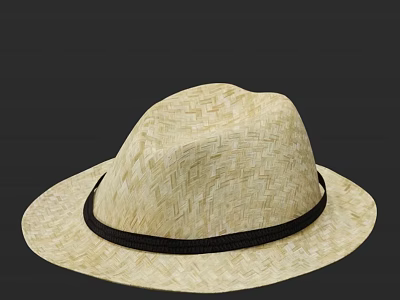 Light Beige Intricate Woven Straw Hat with Black Ribbon Band and Wide Brim 3d model