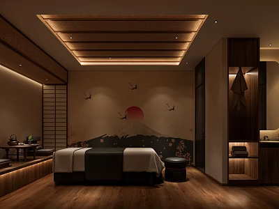 Japanese SPA Sauna Room With Massage Bed Mount Fuji Mural And Warm Wooden Elements 3d model