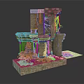 Contemporary Setting Featuring Ancient Stone Ruin Model with Broken Pillars and Debris